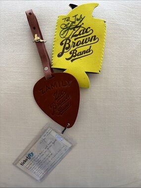 Yellow Can Cooler & Brown Leather Guitar Pick Luggage Tag